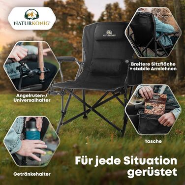 Крісло кемпінгове складане посилене до 160 кг з подушкою, підсклянником та сумкою для зберігання - для риболовлі, пляжу, відпочинку на природі (Чорне)
