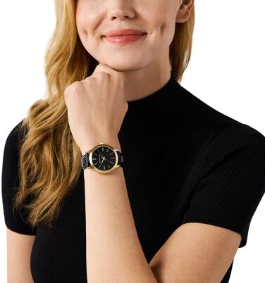 Жіночий годинник Michael Kors Slim Runway кварцовий, 38 мм, шкіряний ремінець (чорний та золотий)