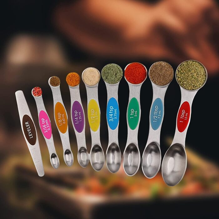 FBHappiness 9-Piece Measuring Spoon Set, Magnetic Double-Sided Teaspoon and Tablespoon Stainless Steel, Stackable, Suitable for Various Spice Jars and Measuring Cups.