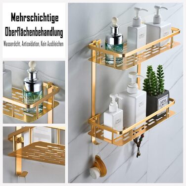 No-Drill Shower Shelf, Square Shower Rack Bathroom Shelf for Shampoo and Shower Gel Holder Bathroom Wall Shelf Organizer With 2 Hooks (2 Tier, Champagne Gold)