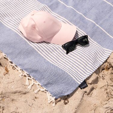 Великий бавовняний рушник для пляжу MOMOMUS Fouta XXL 200x200 см з китицями, синій