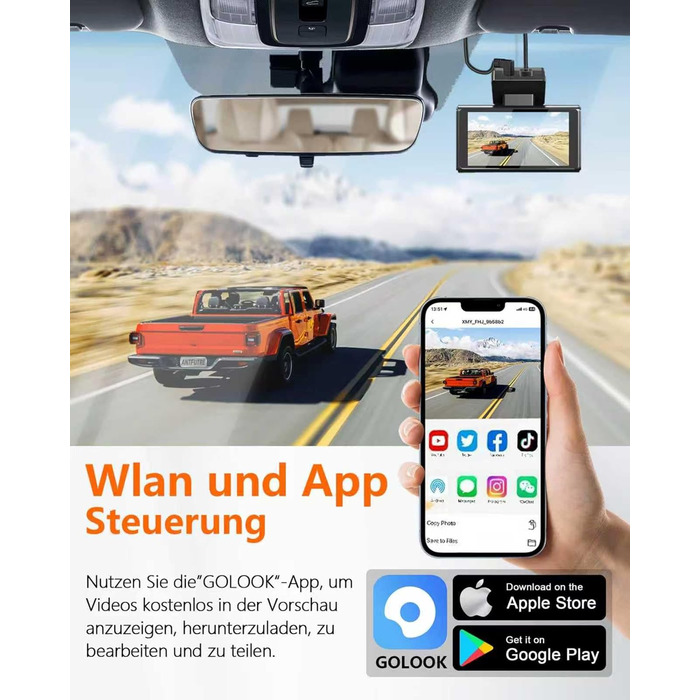 Відеореєстратор Antfutre Dashcam Auto Vorne Hinten 4K+1080P з GPS, WiFi, HDR, G-Sensor, 24/7 Parküberwachung, Loop-Aufnahme MXC-857-64GB