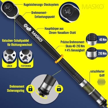 Набір динамометричних ключів MASKO 6 шт, 40-210 Нм, 1/2'' з насадками 17/19/21 мм, подовжувачем 125 мм, рукавицями, кейсом, для авто, чорний