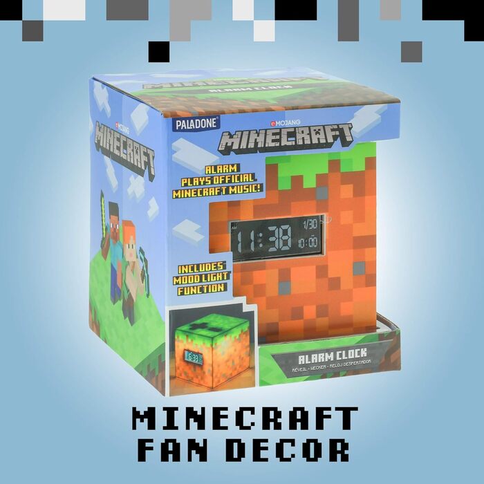 Будильник Minecraft Grasblock: офіційно ліцензований, з підсвіткою, відтворює музику з гри, декор для кімнати геймера Minecraft, 13 x 13 см, зелений