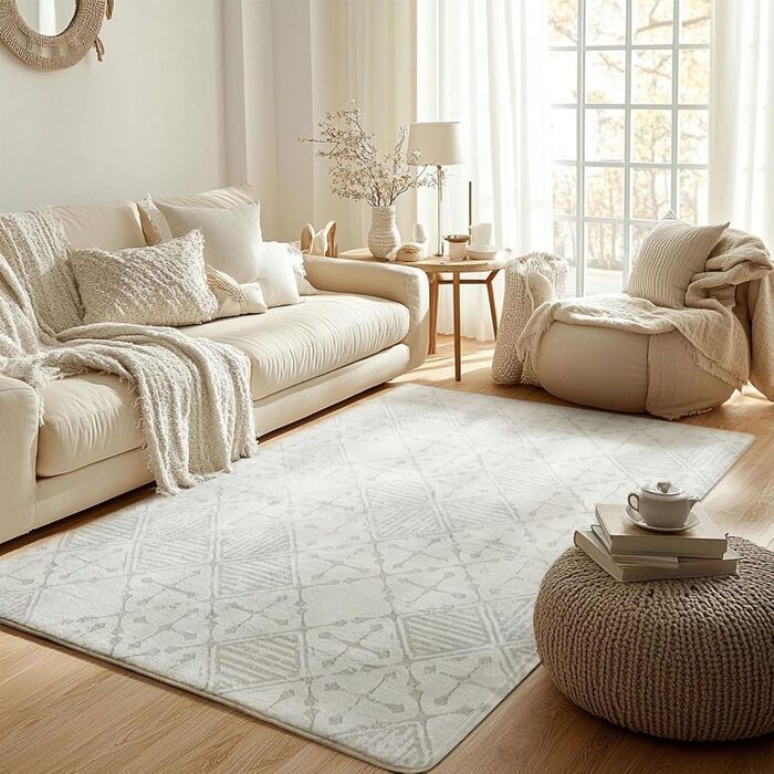 Килим Leesentec для вітальні, спальні: геометричний, сучасний, антиковзаючий, короткий ворс, бежевий, великий, білий (слонова кістка, 80*120 см), кремовий/світло-сірий білий (160x200 см, прямокутний)