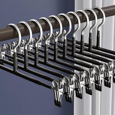 10 металевих вішалок для штанів, шкарпеток та спідниць з кліпсами, 30 см, антиковзаючі, хром, міцні, економія місця, чорний