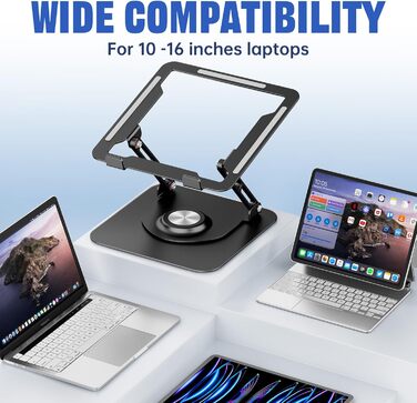 Adjustable Laptop Stand - 360° Rotating Base, Foldable & Portable for 10-17 Inch Laptops - Black