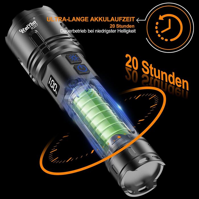 LED ліхтар на акумуляторі XHM90.2 - 500000 люмен, тактичний ліхтар, 2 режими, регулювання яскравості, чорний