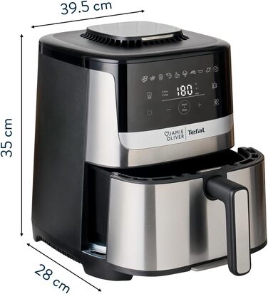Аерофритюрниця Jamie Oliver by Tefal Easy Fry Silence Deluxe EY55JDE0, тиха, 5 л, 10 програм, цифровий сенсорний дисплей, з решіткою та кришкою, чорний/нержавіюча сталь