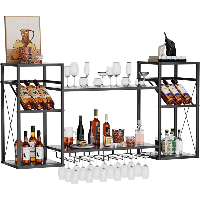 Настінна вітрина для вина UYOYOUS на 2 яруси з металу, 120 см, з 6 тримачами для келихів, барна вітрина для винних пляшок, підвісна вітрина для спиртних напоїв для дому, кухні, їдальні, ресторану, чорна