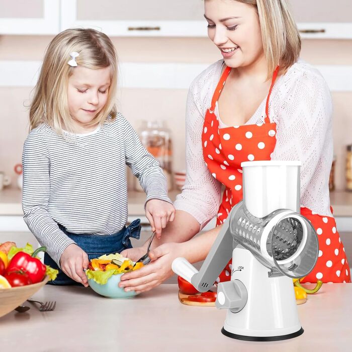 Механічна тертка для сиру та овочів Diealles Shine з ручкою, 3 змінні леза з нержавіючої сталі, для сиру, овочів, горіхів, кави, білий колір