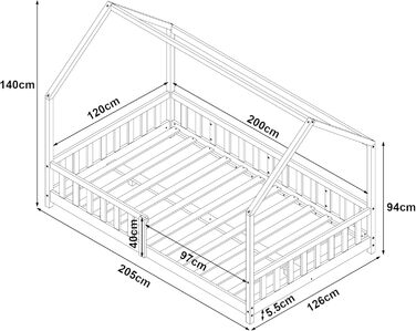en.casa Kids Bed Hesel House Bed White 90 x 200 cm with Side Rails and Slatted Base, Floor Bed, Youth Bed, Wooden Bed