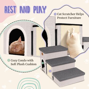 Сходинка для собак Downluxe: 3 сходинки для маленьких собак, з антиковзким покриттям, когтеточкою та гніздом (сіро-бежевий)