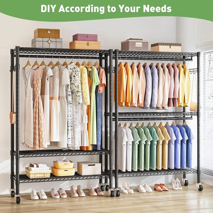 Вішалка для одягу на коліщатках металева з полицею та гачками, чорна 120x45x205 см