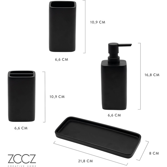 Набір для ванної кімнати ZCCZ – 4 предмети: тримач для зубних щіток, дозатор мила, мильниця та стакан для зубних щіток. Елегаторне зберігання косметики та декор з ефектом мармуру, білий, чорний матовий