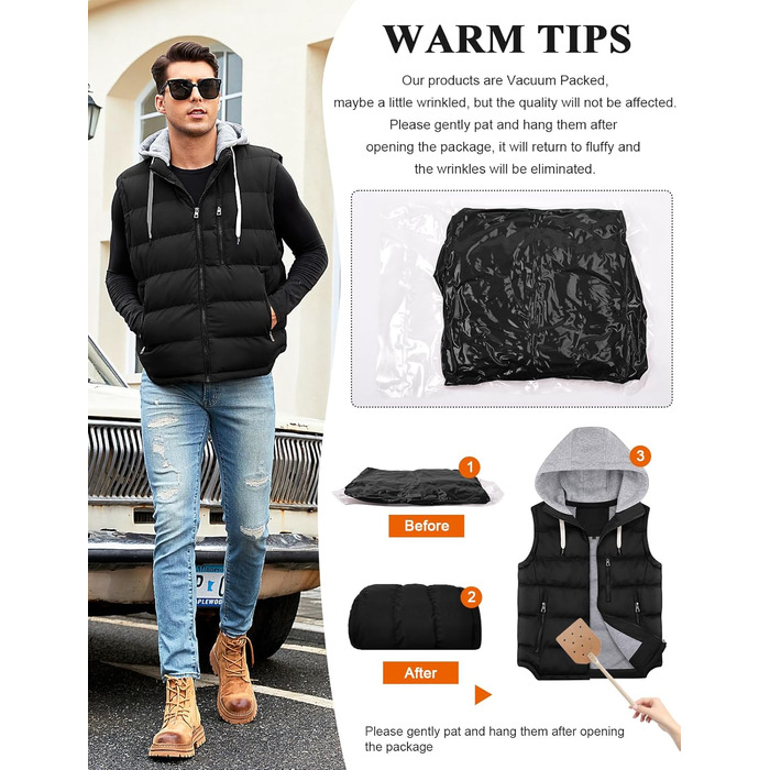 Чоловіча степкова жилетка Vancavoo на осінь/зиму з капюшоном, чорна, розмір M