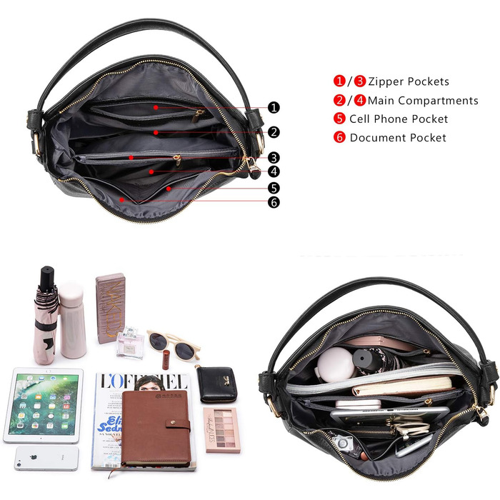 Жіноча сумка-шопер Reaer середнього розміру, чорна PU шкіра, сумка через плече, вінтажна Hobo Bag для роботи, офісу та покупок (L, Чорний)