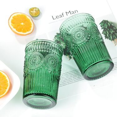 Joeyan 350ml Green Drinking Glasses Embossed with Sunflower Patterns, Vintage Colored Glasses Dishwasher Safe, 4-Piece Set of Colorful Glass Water Glasses for Juice, Drinks, and Cocktails