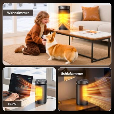 Керамічний обігрівач 1500W з термостатом, захистом від перегріву та нахилу, 75° осциляція, ECO-режим, 2-в-1 для дому (чорний, круглий)