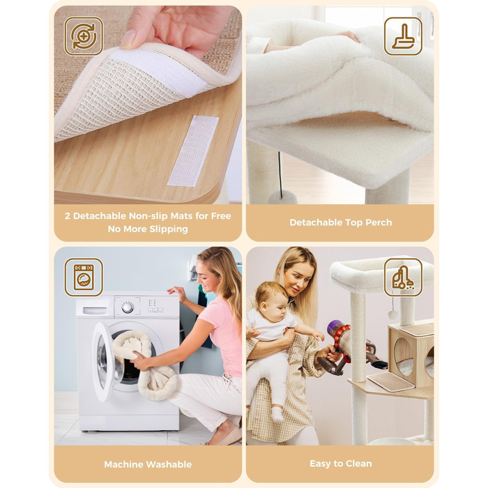 Дерев'яний кігтеточка для котів Petpela Katzenbaum 143см з гамаком та лежаком, обтягнутий сизалевим мотузком, бежевий