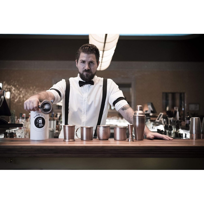 Набір для коктейлів Buddy's Bar Moscow Mule: 2 мідні келихи 500 мл, барна ложка 27 см, джигер 5 cl, чорна преса для лайма, подарункова упаковка, харчова нержавіюча сталь, 4 предмети