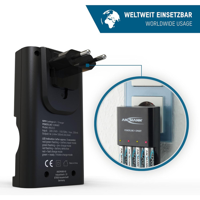 Зарядний пристрій ANSMANN Powerline 4 Smart з 4x NiMH акумуляторами 2850mAh для AA/AAA - автоматичний зарядний пристрій з режимом відновлення, для перезаряджуваних батарей (включно з 4x 1100mAh AAA)