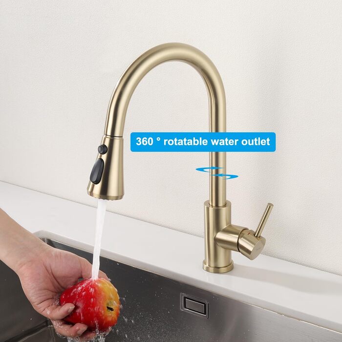 Кухонний змішувач з висувною лійкою, 3 режими струменя, поворотний на 360°, високого тиску, для кухні, матовий золотий