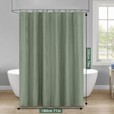 Штора для душу текстильна водонепроникна з поліестеру, 180x200 см, зелена, з кільцями (1 шт)