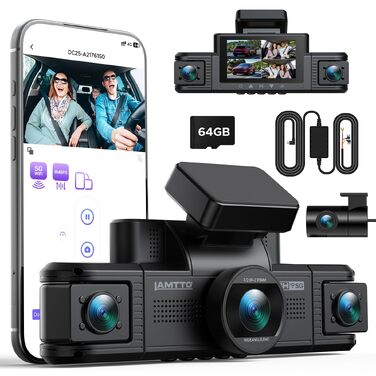 Автомобільний відеореєстратор LAMTTO 4K 360°: 4 канали (перед, зад, салон, боки), 2K передня камера, 1080P, 5GHz WiFi, нічна ІЧ-зір, датчик удару G-сенсор, паркувальний моніторинг, з карткою 64GB та Hardwire-kit