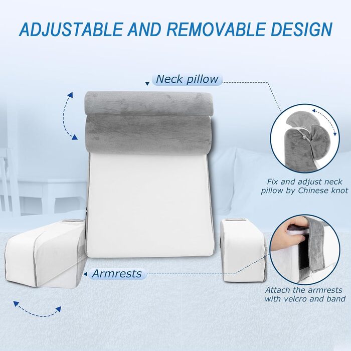 HOMCA Подушка для читання та відпочинку в ліжко та на диван з знімною подушкою для шиї та підлокітником, подушка для спини, подушка для стіни, багатофункціональна подушка-клинок для читання, роботи, перегляду телевізора (36x40x48 см)