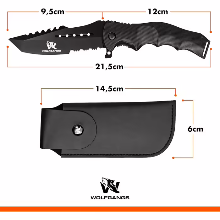 Складаний ніж Wolfgangs UNDIQUE з 440C сталі, з чохлом із шкіри, одноручне відкриття, тактичний ніж для виживання, полювання та бушкрафту, чорний