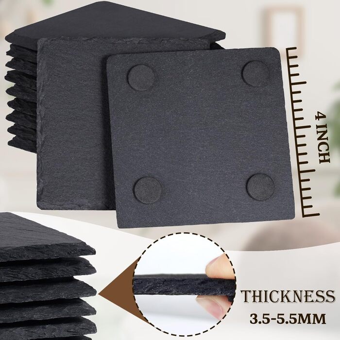 Set of Slate Coasters, GOH DODD 4 Inch Black Stone Coasters Set, Laser Engraved Blank Coasters with Anti-Scratch Bottom for Home, Office, Kitchen, Apartment, Bar, Square (72)