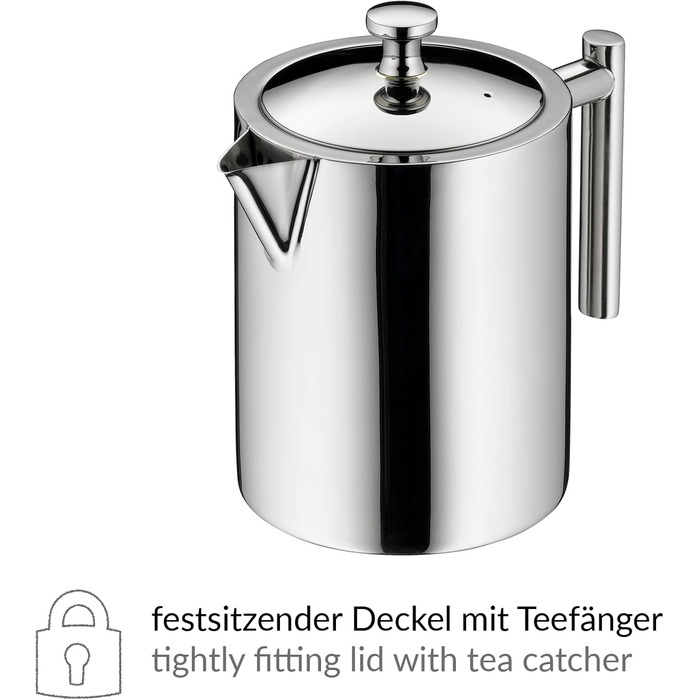 alfi TEA POT 1.40l, Stainless steel insulated pot with tea strainer and tea catcher, single-walled stainless steel, durable thermos pot, ideal as a teapot for loose tea, dishwasher-safe, BPA-free
