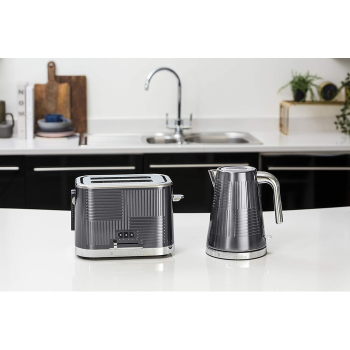 Russell Hobbs Toaster [for 2 slices] Geo Stainless Steel Grey (extra wide toast slots, including bun warmer, 6 browning levels + defrost & reheat function, Quick Toast Technology, 1640W) 25250-56