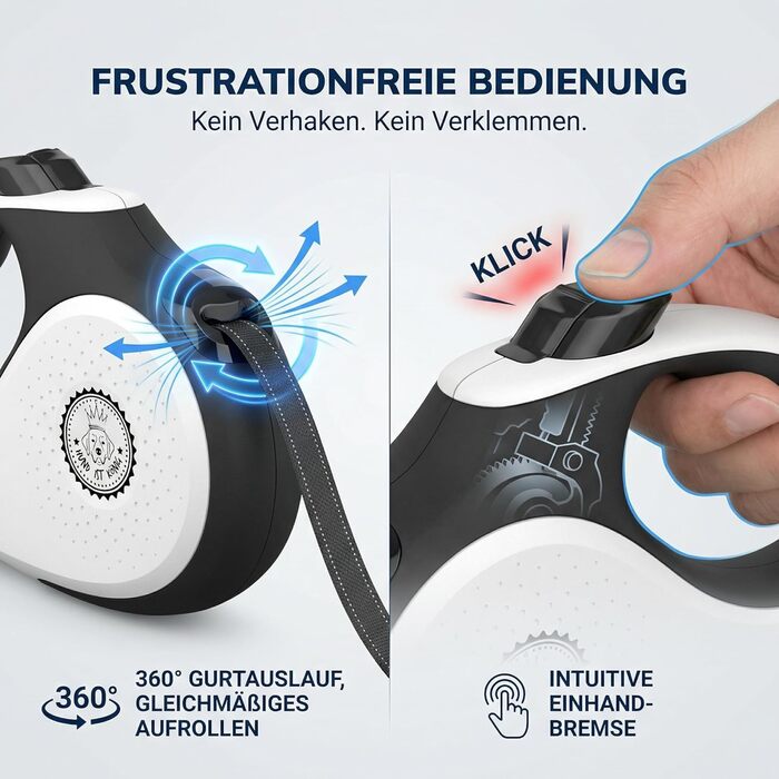 Витяжна поводок для собак HUND IST KÖNIG 8м для малих та великих собак | Міцний поводок до 50кг | Білий/Чорний