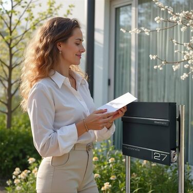 Поштова скринька Metzler Hermann Anthrazit RAL 7016 з газетницею та номерним знаком – персоналізована лазерним гравіюванням. Сучасна водонепроникна та антикорозійна поштова скринька