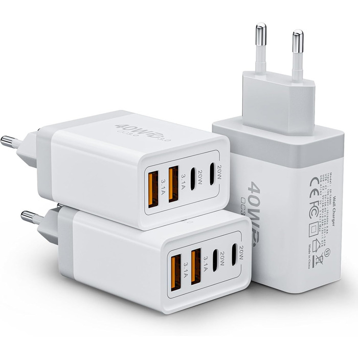 Мережевий зарядний пристрій 40W з 4 портами USB-C та USB-A (2 шт.) - для iPhone, iPad, Samsung, Tablet. Підтримка PD 3.0