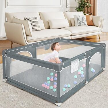 Baby Playpen, 160 x 120 cm, Activity Fence for Kids, with Base, Modular, Foldable, Large Playpen for Toddlers with Zipper Door (gray)