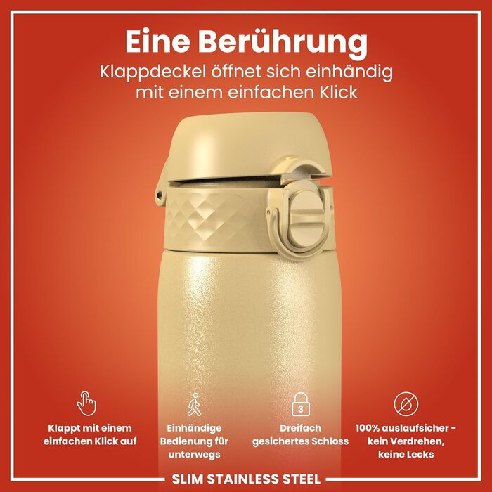 Ion8 Stainless Steel Water Bottle, 600 ml, Leak-Proof, One-Handed Opening, Secure Locking Mechanism, Dishwasher Safe, Flip-Top Lid, Carrying Handle, Easy to Clean, Durable & Scratch-Resistant (Stainless Steel, Desert)