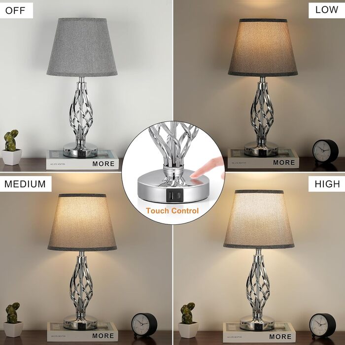 Настільна лампа Kakanuo 2 шт. з USB зарядкою, диммуванням та LED-лампочками, сірий абажур. Сучасний дизайн для спальні, вітальні, офісу.