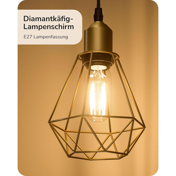 LED торшер Edishine для вітальні, ретро стиль, 3 лампи, диммування, 4W E27, регулювання поворотною ручкою, індустріальний декор з металевим абажуром-сіткою, 2700K, висота 166 см, золотий