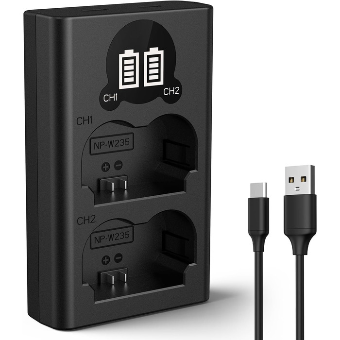 Зарядний пристрій K&F CONCEPT NP-W235 з LED-дисплеєм, Dual Slot, Micro USB та Type-C, сумісний з Fujifilm X-T5, X-T4, GFX 100S, X-H2S, GFX 50S II, VG-XT4. Підтримка передачі даних.