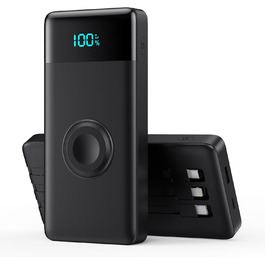 Powerbank 10800mAh з кабелем, зарядкою для Apple Watch, 6-в-1, PD 25W+QC4.0 USB-C, швидка зарядка, LED-дисплей, сумісний з i-Watch/iPhone 16/15/14/Samsung, чорний