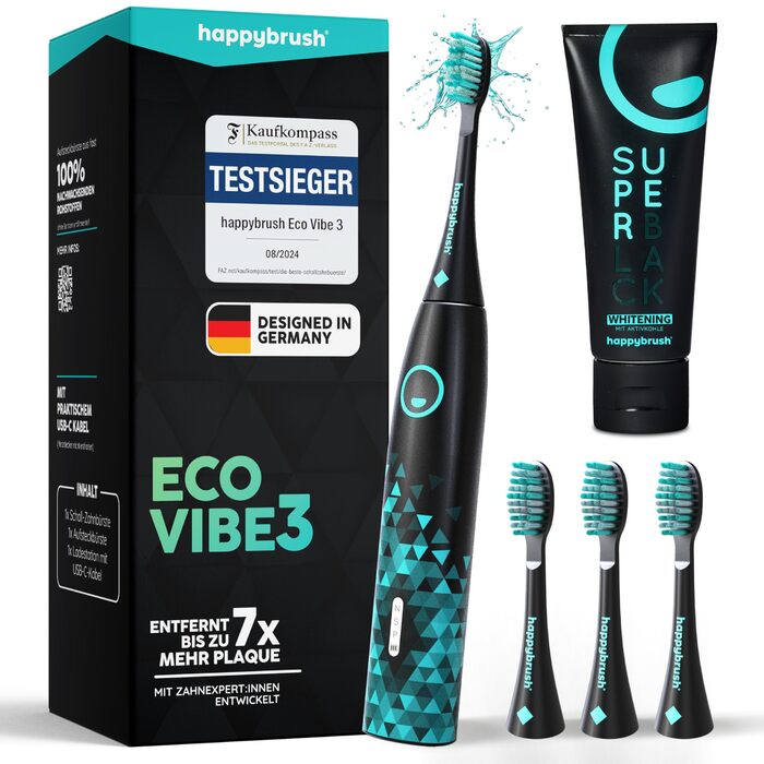 Електрична звукова зубна щітка happybrush® Eco Vibe 3 – Тест-переможець – 100 днів тестування. Звукова щітка з акумулятором на 8 тижнів, 2 роки гарантії. В комплекті насадки. Чорний/М'ятний колір. Набір з насадками