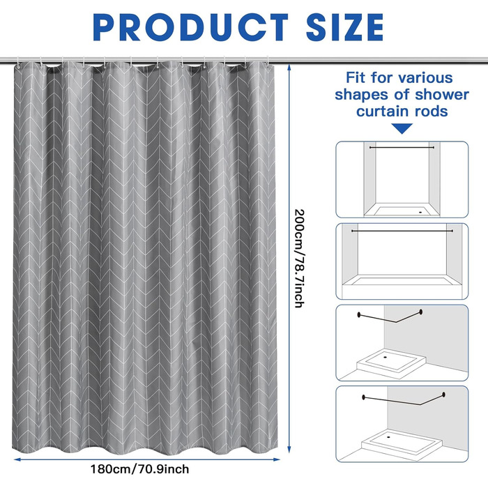 Шторка для душу сіра, водовідштовхувальна, миється, 180-300 см (широка), 200 см висота, з принтом крапель, з вагою, антигрибкова, з поліестеру, для ванної кімнати, 1 шт.