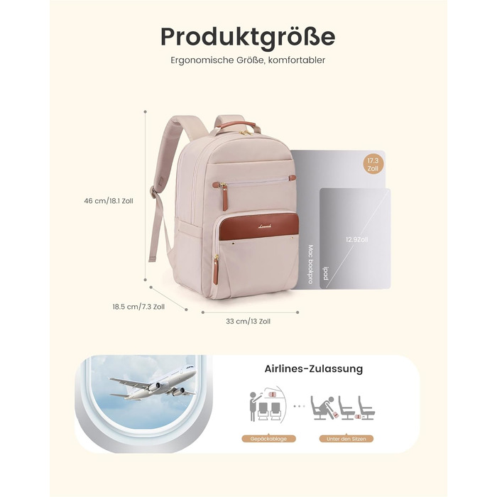 LOVEVOOK Рюкзак для ноутбука, водонепроникний, 15.6 дюймів, для роботи, школи, підлітка, велика пляшка води, елегантний, для роботи, навчання, подорожей, 15.6' (17', абрикозово-коричневий)