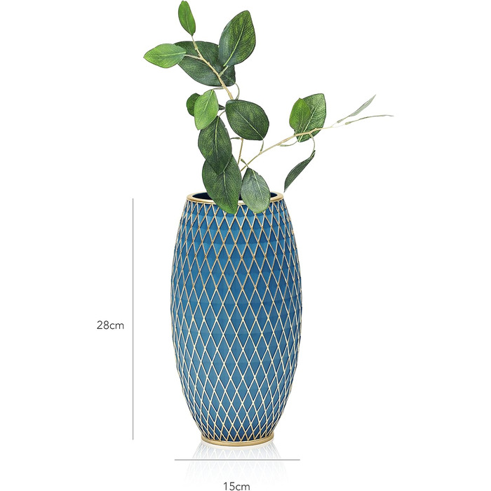 Декоративна ваза для дому, блакитно-золота, з діамантовим візерунком, овальна | Декор інтер'єру, подарунок на новосілля