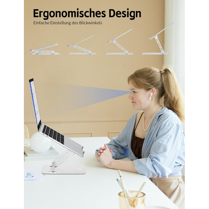 Підставка для ноутбука Ergonomic з алюмінію, регульована по висоті та складна, стабільна та з неслизьким покриттям, покращена вентиляція, сумісна з MacBook (до 15,6 дюймів), срібна