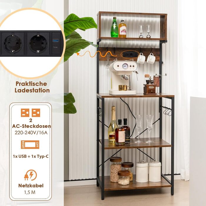 Стельовий стелаж COSTWAY для кухні з розеткою, з гачками, 60 x 42 x 153 см