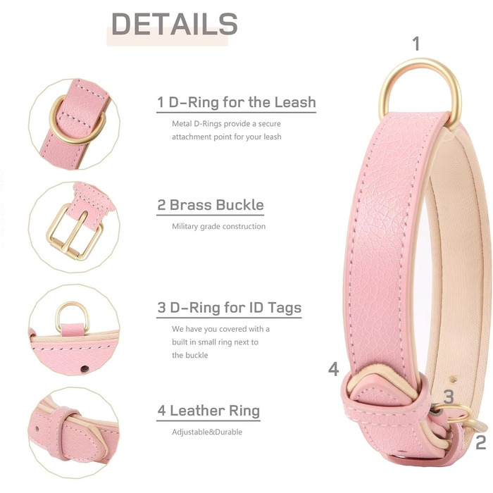 Нашийник для собак Heele з натуральної шкіри, рожевий, регульований, великий розмір (L), 1 шт.